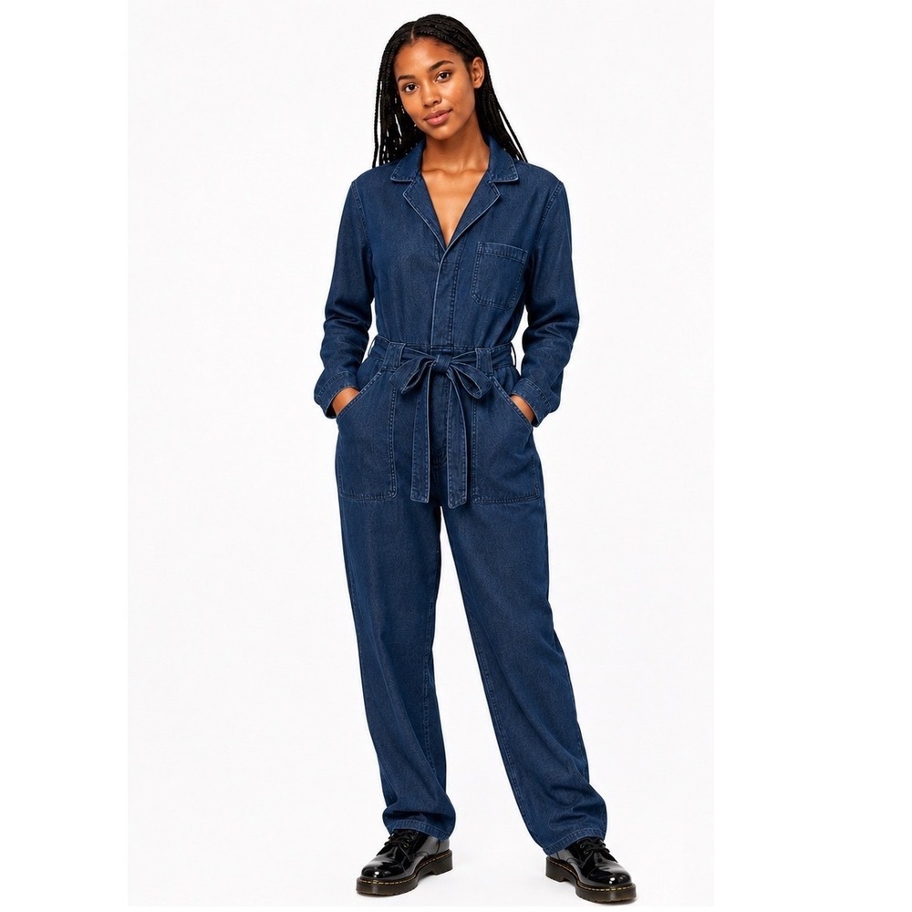H&M &Denim Blue Utility Denim Jumpsuit Long Sleeve Tie Waist UK18 EU46 114-17